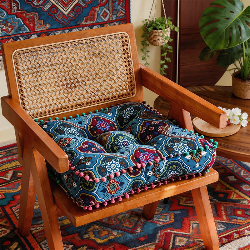 Bohemian Cotton Linen Chair Pad Cushion for Dining & Meditation Spaces | Ethnic Mandala Design | Soft Padded Seat Cushion 42x42cm