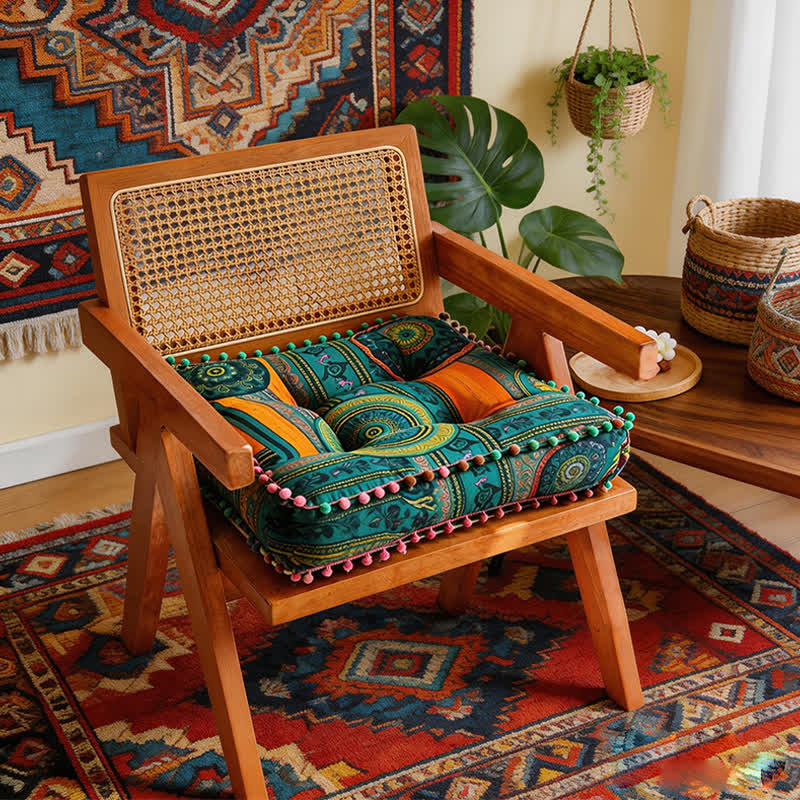 Bohemian Cotton Linen Chair Pad Cushion for Dining & Meditation Spaces | Ethnic Mandala Design | Soft Padded Seat Cushion 42x42cm