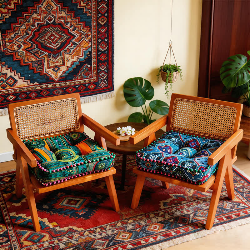 Bohemian Cotton Linen Chair Pad Cushion for Dining & Meditation Spaces | Ethnic Mandala Design | Soft Padded Seat Cushion 42x42cm