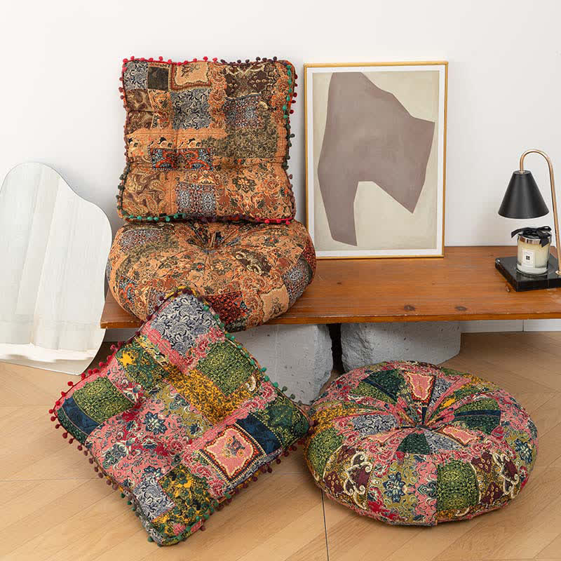 Bohemian Patchwork Mandala Floor Pillow | Thick Quilted Seat Cushion with Pom-Pom Border | Soft Polyester PP Cotton Floor Cushion | Meditation, Tatami & Lounge Seating Accent
