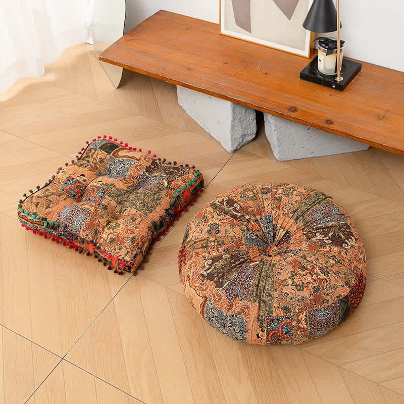 Bohemian Patchwork Mandala Floor Pillow | Thick Quilted Seat Cushion with Pom-Pom Border | Soft Polyester PP Cotton Floor Cushion | Meditation, Tatami & Lounge Seating Accent