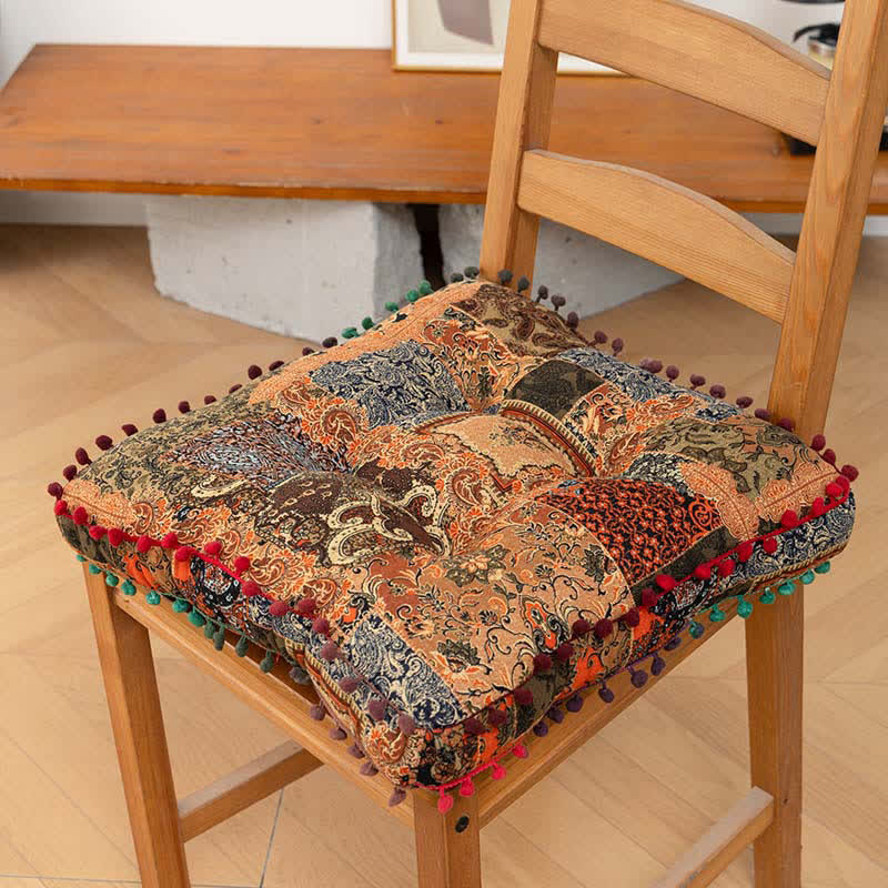 Bohemian Patchwork Mandala Floor Pillow | Thick Quilted Seat Cushion with Pom-Pom Border | Soft Polyester PP Cotton Floor Cushion | Meditation, Tatami & Lounge Seating Accent