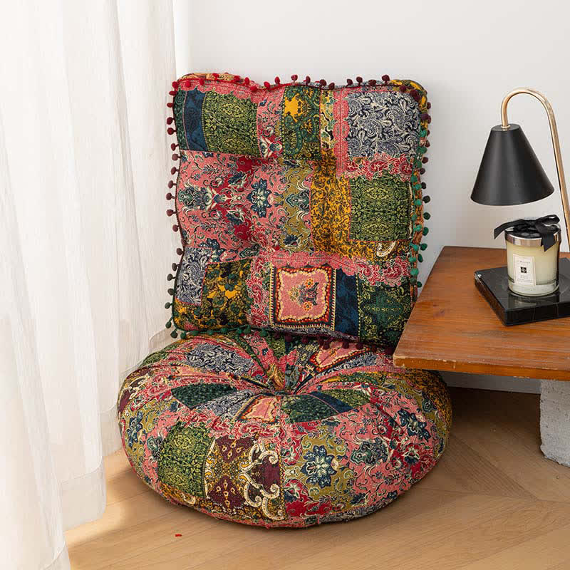 Bohemian Patchwork Mandala Floor Pillow | Thick Quilted Seat Cushion with Pom-Pom Border | Soft Polyester PP Cotton Floor Cushion | Meditation, Tatami & Lounge Seating Accent