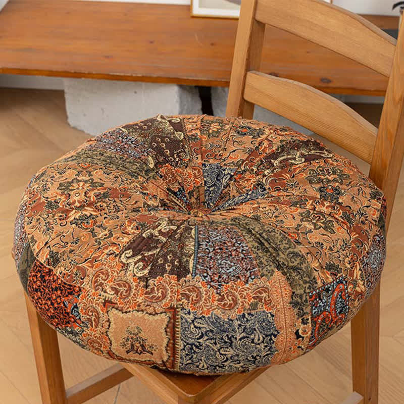 Bohemian Patchwork Mandala Floor Pillow | Thick Quilted Seat Cushion with Pom-Pom Border | Soft Polyester PP Cotton Floor Cushion | Meditation, Tatami & Lounge Seating Accent