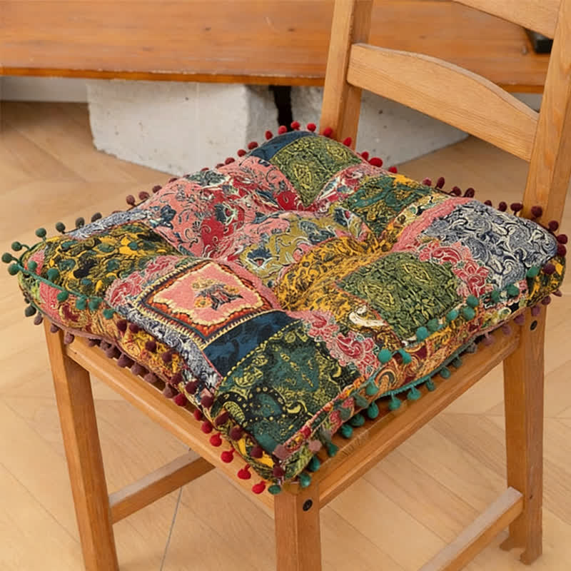 Bohemian Patchwork Mandala Floor Pillow | Thick Quilted Seat Cushion with Pom-Pom Border | Soft Polyester PP Cotton Floor Cushion | Meditation, Tatami & Lounge Seating Accent