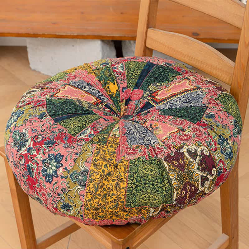 Bohemian Patchwork Mandala Floor Pillow | Thick Quilted Seat Cushion with Pom-Pom Border | Soft Polyester PP Cotton Floor Cushion | Meditation, Tatami & Lounge Seating Accent