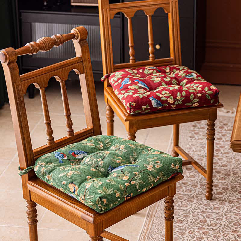 Vintage Botanical Bird Print Chair Pad | Tufted Non-Slip Seat Cushion with Ties | Thick PP Cotton Dining Chair Cushion | 40×40cm Decorative Seat Pad