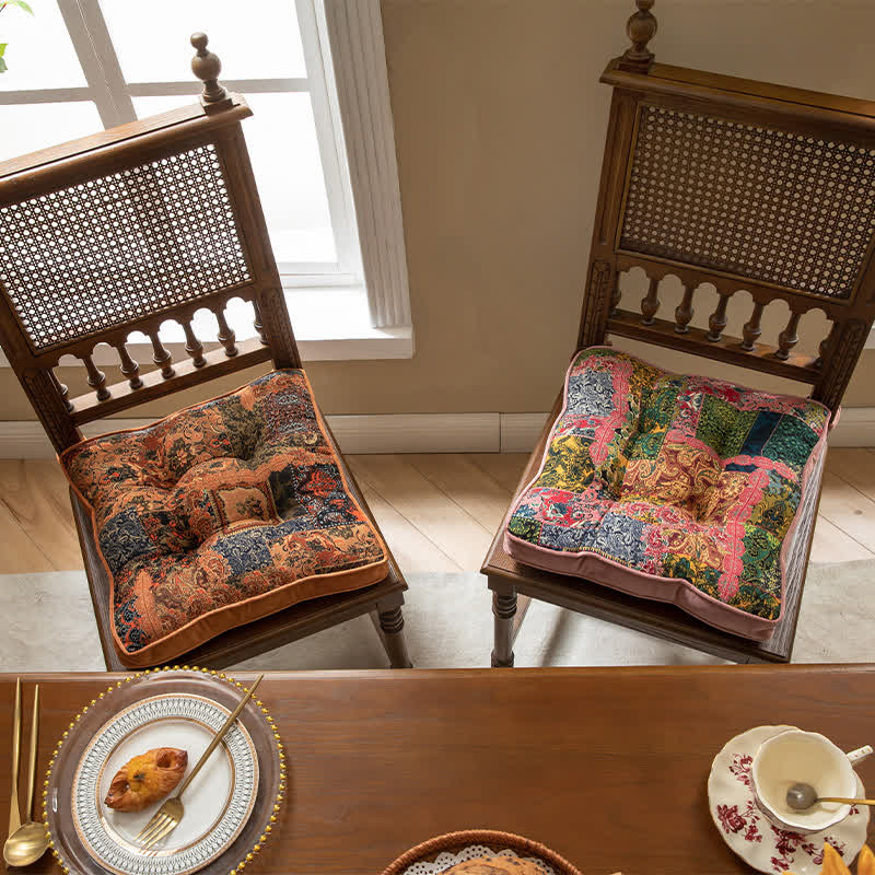 Bohemian Patchwork Chair Pad Cushion with Secure Ties for Dining & Patio Chairs | Non-Slip Seat Cushion | Soft Padded 40x40cm