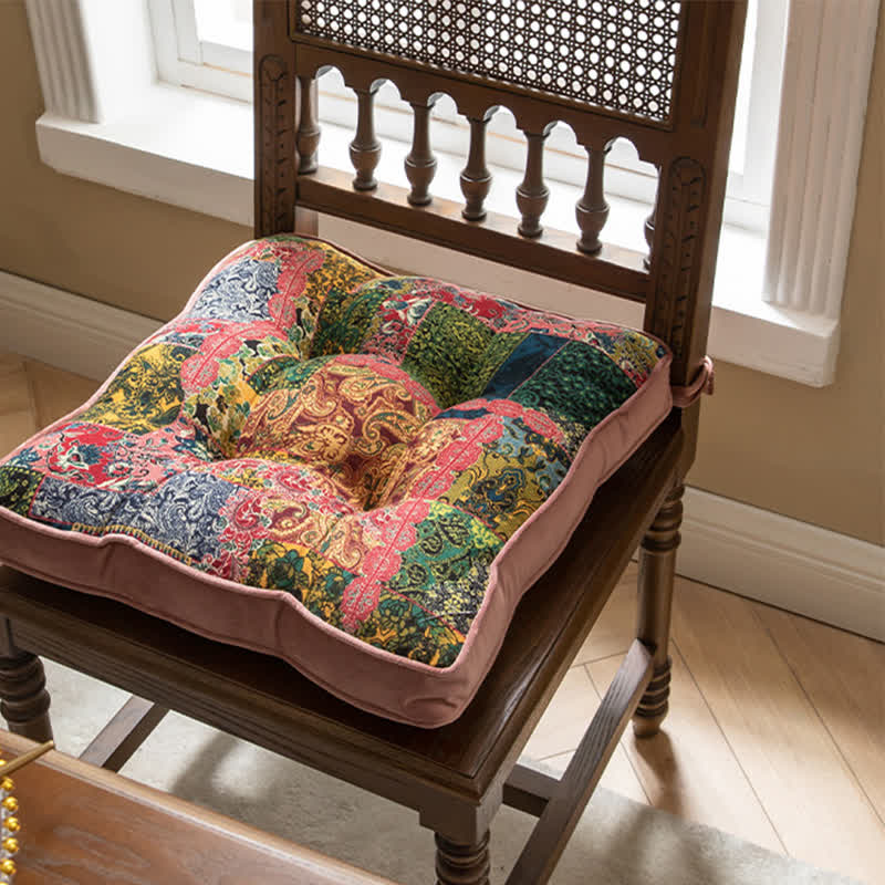 Bohemian Patchwork Chair Pad Cushion with Secure Ties for Dining & Patio Chairs | Non-Slip Seat Cushion | Soft Padded 40x40cm