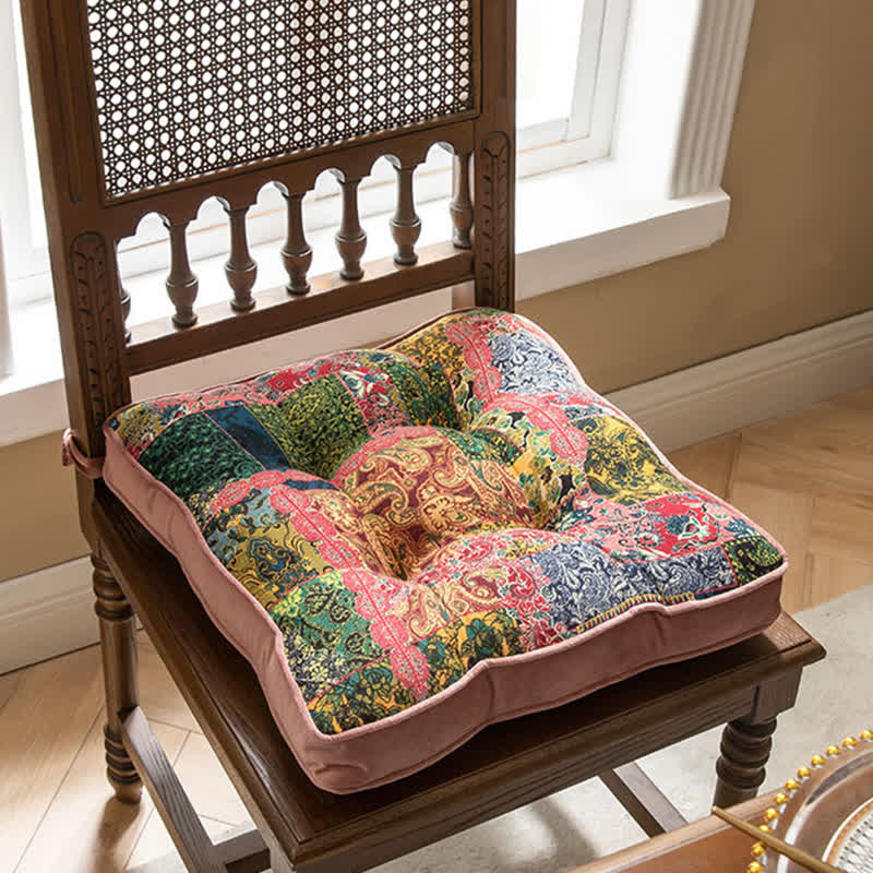 Bohemian Patchwork Chair Pad Cushion with Secure Ties for Dining & Patio Chairs | Non-Slip Seat Cushion | Soft Padded 40x40cm