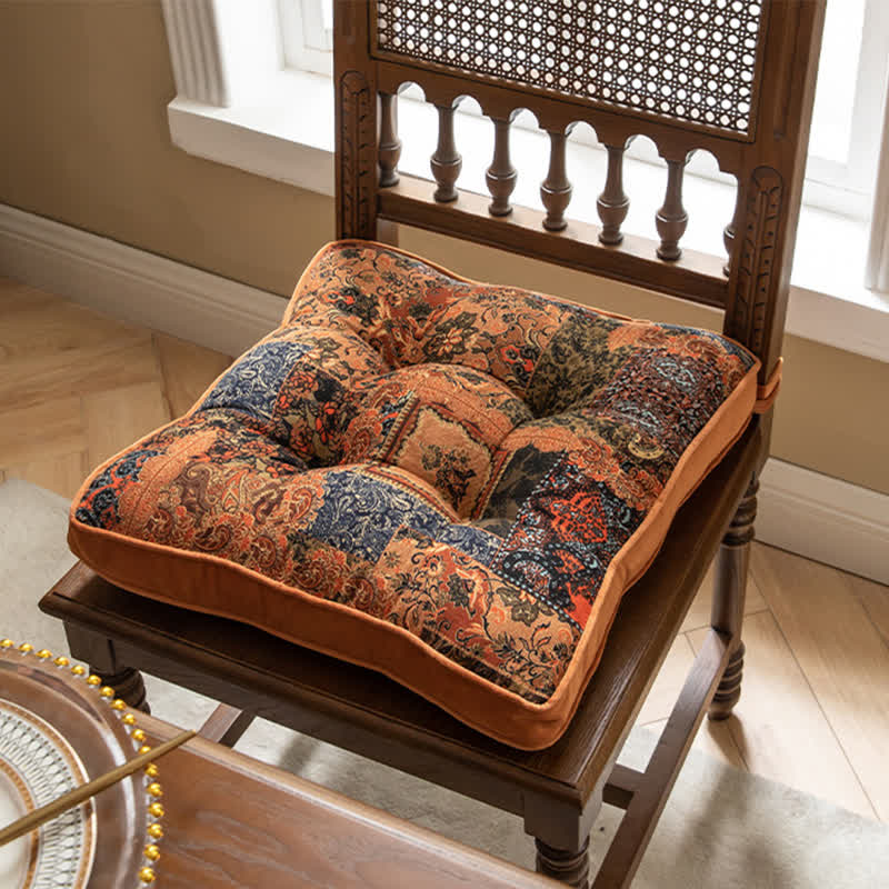 Bohemian Patchwork Chair Pad Cushion with Secure Ties for Dining & Patio Chairs | Non-Slip Seat Cushion | Soft Padded 40x40cm