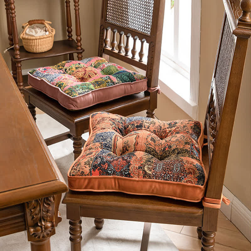 Bohemian Patchwork Chair Pad Cushion with Secure Ties for Dining & Patio Chairs | Non-Slip Seat Cushion | Soft Padded 40x40cm