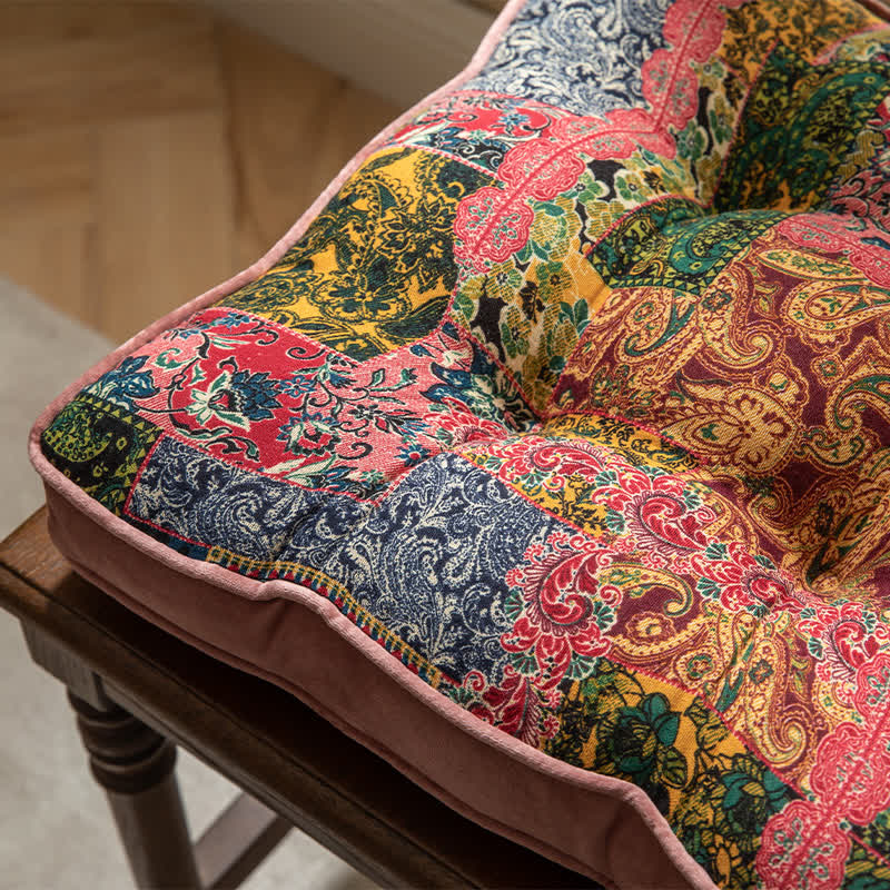 Bohemian Patchwork Chair Pad Cushion with Secure Ties for Dining & Patio Chairs | Non-Slip Seat Cushion | Soft Padded 40x40cm