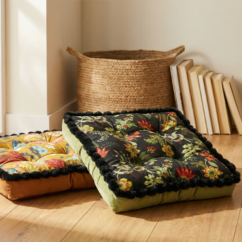 Vintage Floral Seat Cushion with Pom-Pom Trim | Thick Padded Chair Cushion | Soft Polyester Seat Pad | 40×40cm Decorative Chair Pillow