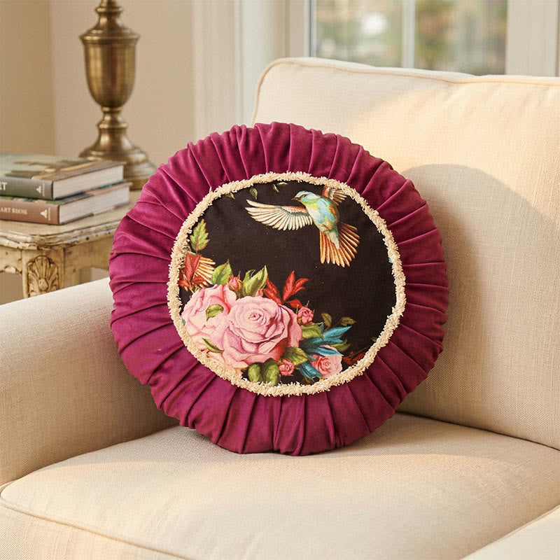 Vintage Floral Round Throw Pillow | Premium Dutch Velvet Cushion | Soft PP Cotton Insert | Chinese-Inspired Home Décor