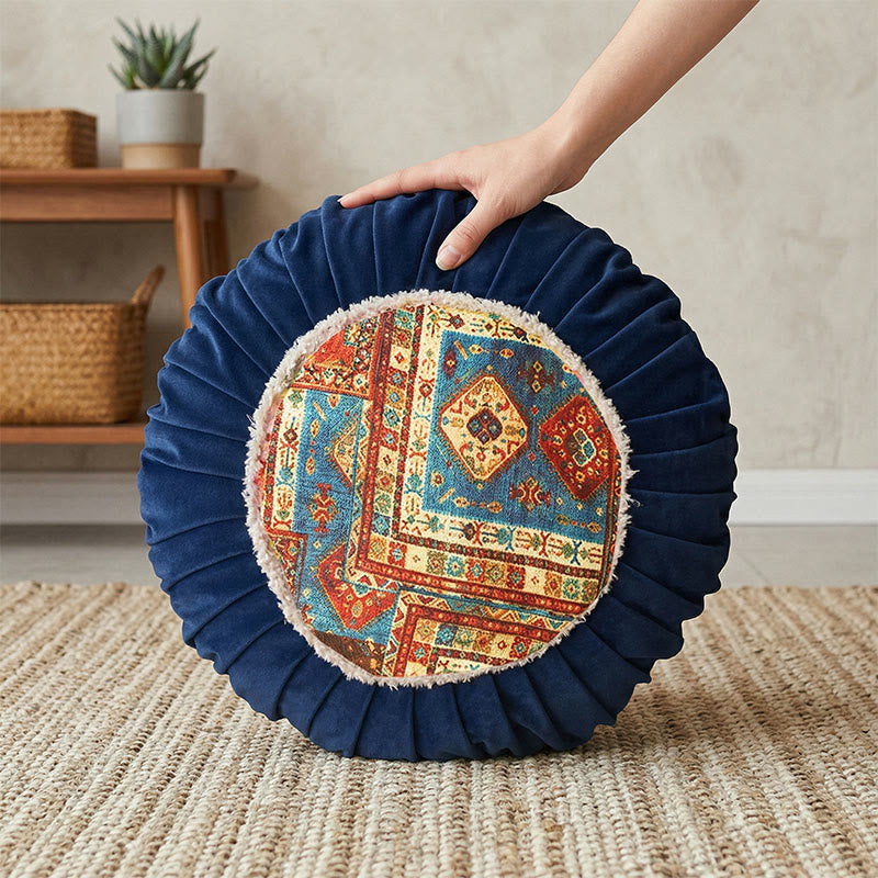 Vintage Patchwork Round Throw Pillow | Polish Folk-Inspired Velvet Cushion | Soft Dutch Velvet PP Cotton Pillow | Sofa, Bedroom & Window Seat Decorative Accent
