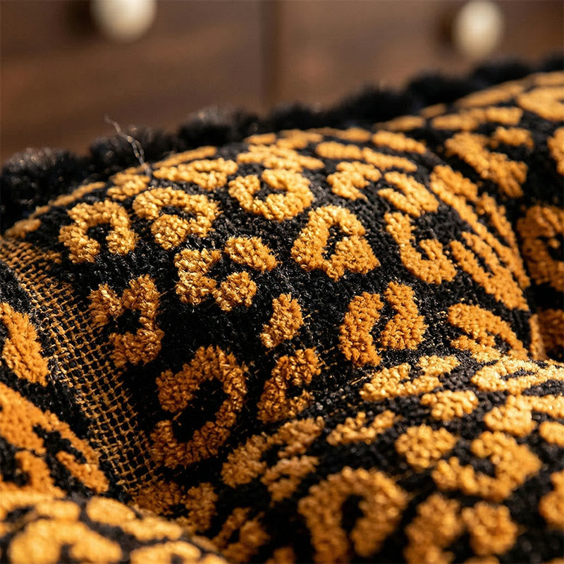 Leopard Print Square Throw Pillow | Chenille Pom-Pom Fringe Cushion | Thick PP Cotton Chair & Floor Seat Pad | 45×45cm Decorative Accent Pillow