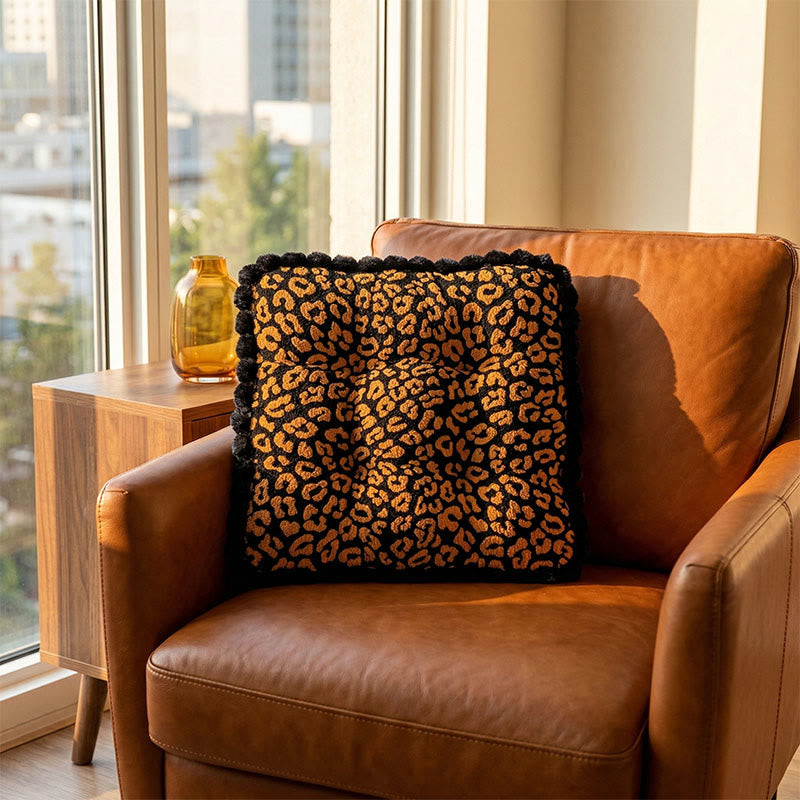 Leopard Print Square Throw Pillow | Chenille Pom-Pom Fringe Cushion | Thick PP Cotton Chair & Floor Seat Pad | 45×45cm Decorative Accent Pillow