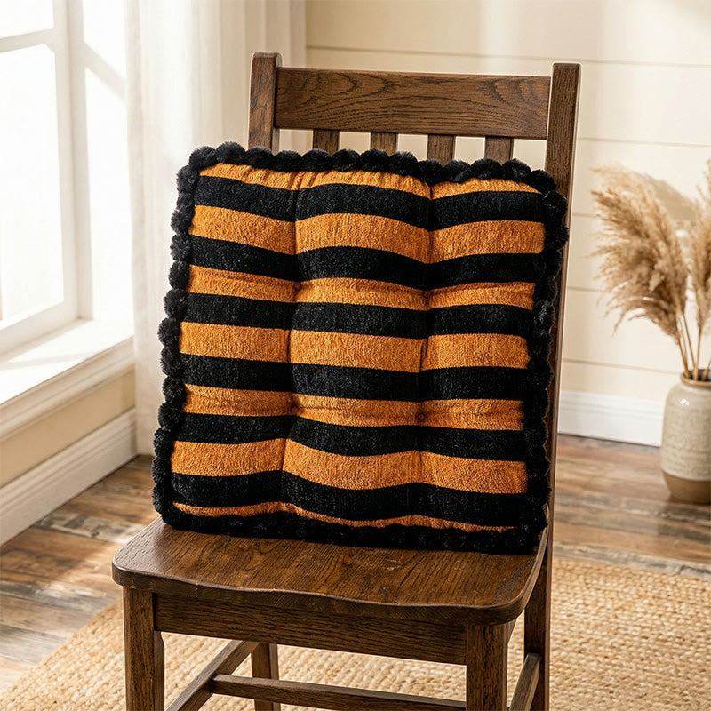 Striped Chenille Square Throw Pillow | Retro Modern Black & Orange Cushion with Pom-Pom Fringe | Thick PP Cotton Seat Pad | Office, Dining & Floor Seating Accent Pillow