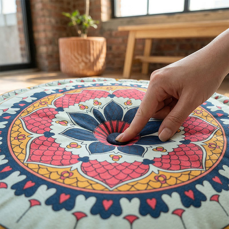 Ownkoti Mandala Bohemian Leaf Throw Pillow | Thick Round Seat Cushion with Anti-Slip Base | Decorative Floor & Meditation Cushion