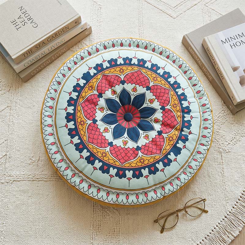 Ownkoti Mandala Bohemian Leaf Throw Pillow | Thick Round Seat Cushion with Anti-Slip Base | Decorative Floor & Meditation Cushion