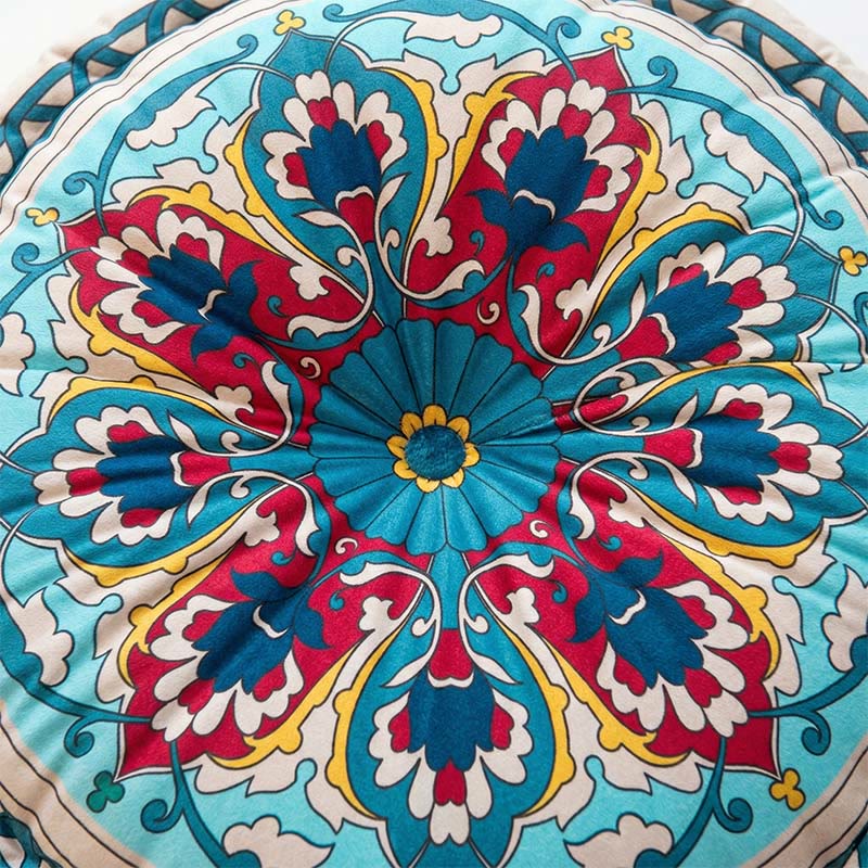 Mandala Bohemian Snow Lotus Throw Pillow | Thick Round Floor Cushion with Anti-Slip Base | Decorative Meditation & Seat Pillow