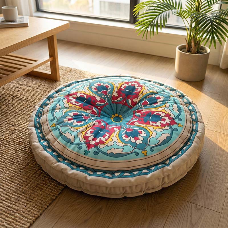 Mandala Bohemian Snow Lotus Throw Pillow | Thick Round Floor Cushion with Anti-Slip Base | Decorative Meditation & Seat Pillow