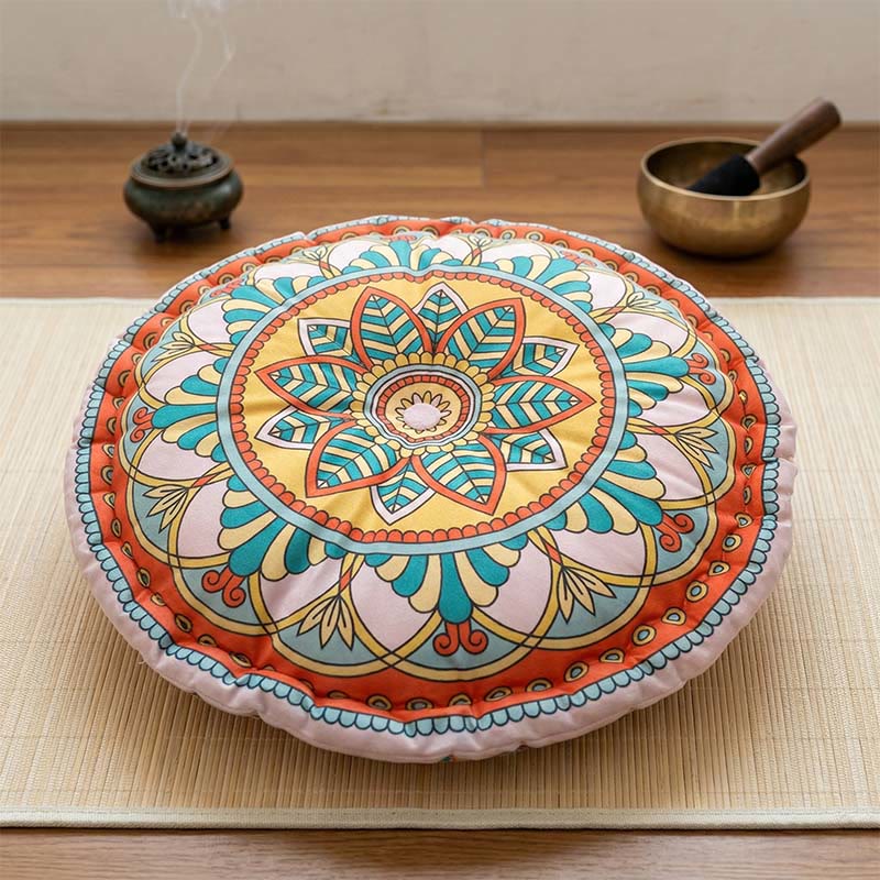 Ownkoti Mandala Bohemian Floral Pink Throw Pillow | Thick Round Cushion with Anti-Slip Base | Decorative Meditation & Seat Pillow