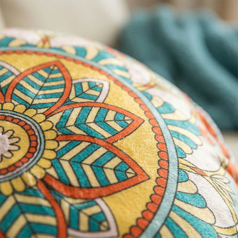Mandala Bohemian Floral Pink Throw Pillow | Thick Quilted Seat Cushion | Anti-Slip PP Cotton Floor & Chair Cushion | 45cm Round + 8cm Support