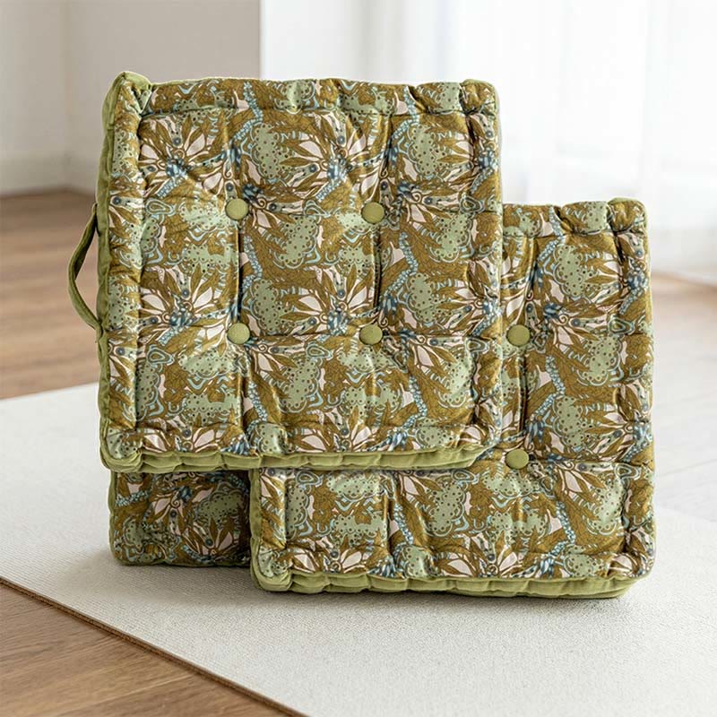 Vintage Green Square Throw Pillow | Thick Tufted Floor Cushion with PP Cotton Filling | Soft Polyester Seat Cushion with Carry Handles