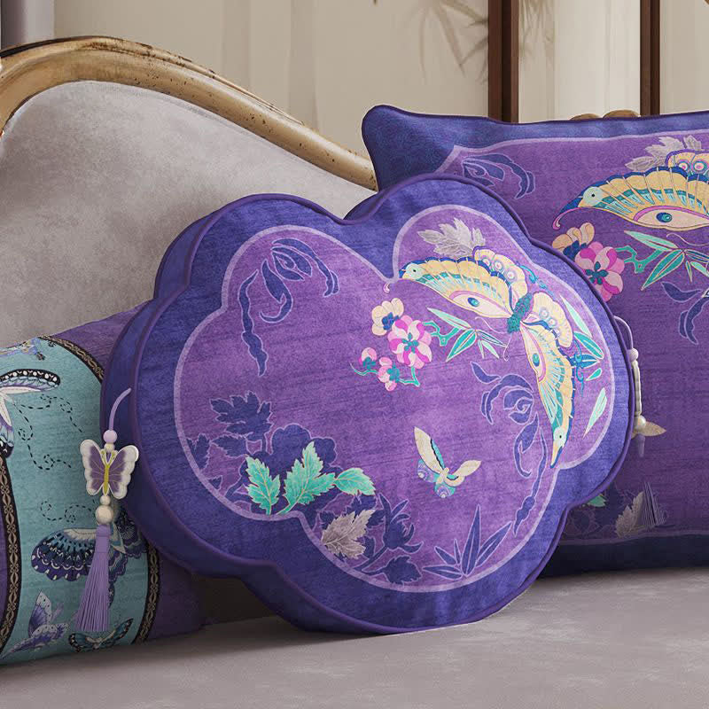 Purple Butterfly & Floral Decorative Throw Pillow | Vintage Oriental Ruyi-Shaped Cushion with Butterfly Tassels
