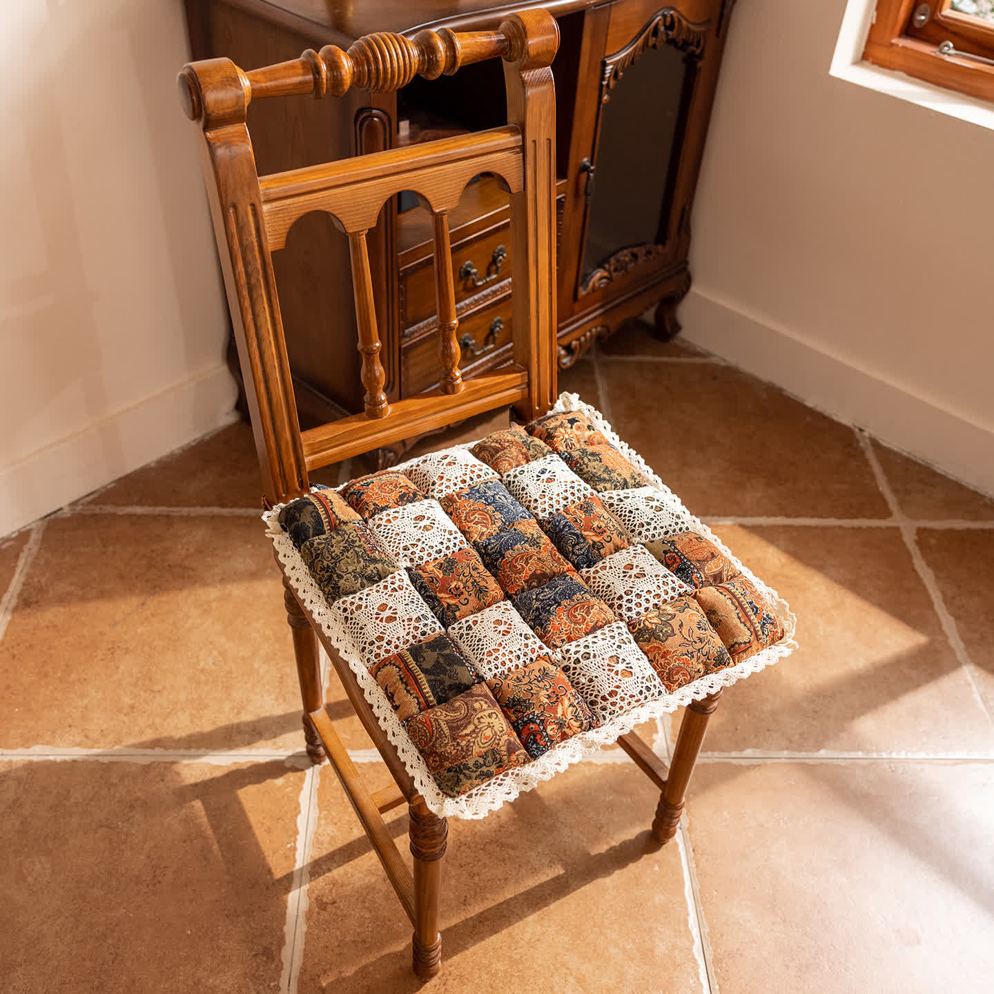 Bohemian Patchwork Square Chair Pad | Quilted Seat Cushion with Lace Trim | Soft Polyester Cushion with Polypropylene Cotton Filling