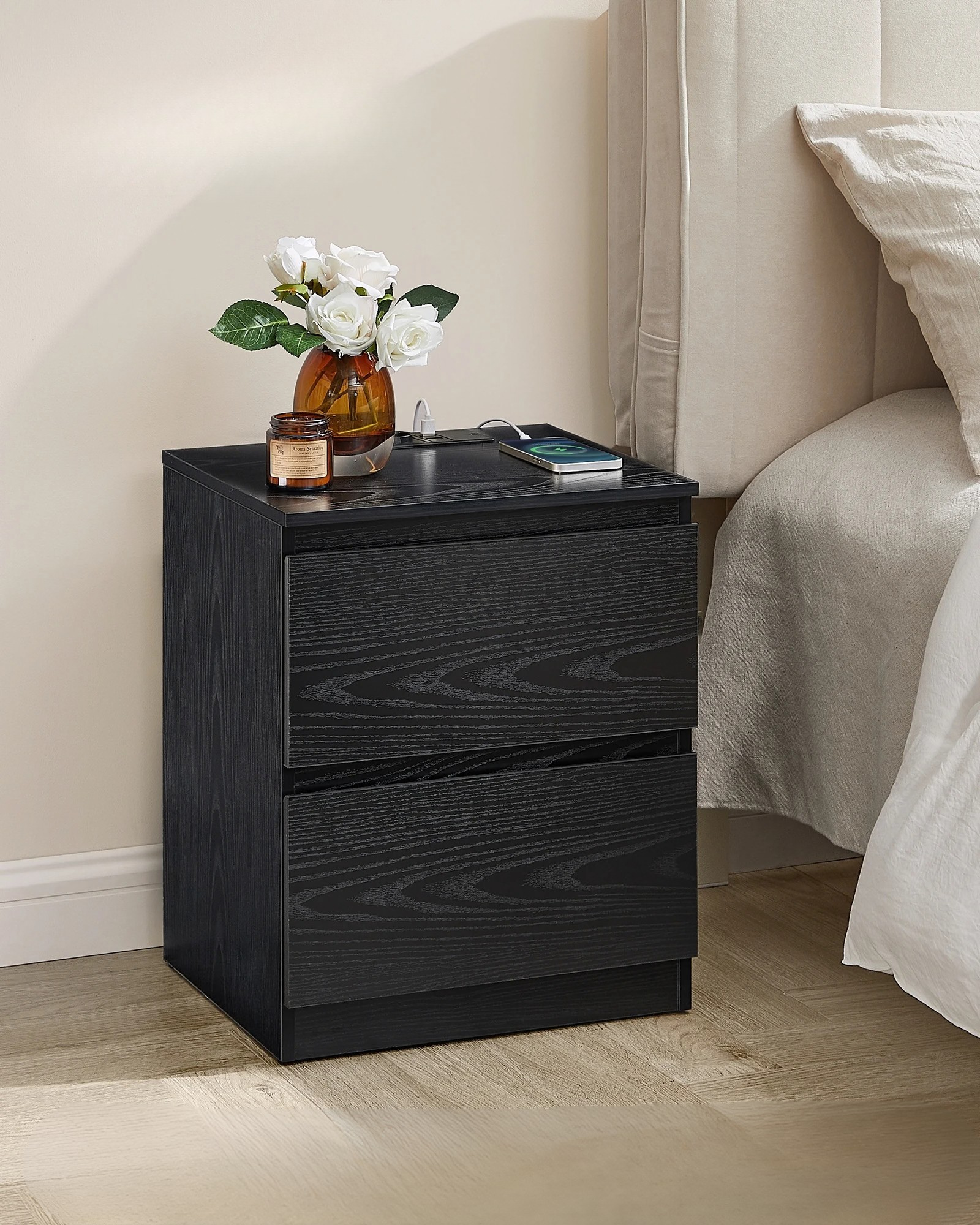 Sereva Nightstand Set of 2 with Outlets & USB Ports | Modern Bedside Tables with Charging Station | 2 Drawer Storage Cabinets