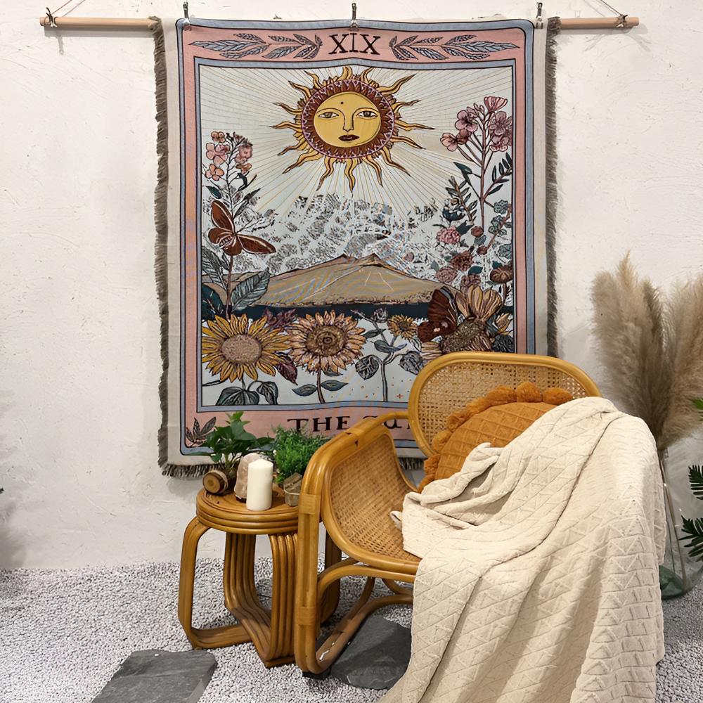 Boho Wall Tapestry Sun Tarot 130x160 cm | Jacquard Microfiber Throw | Spiritual Wall Hanging Blanket | Living Room Bedroom Decor