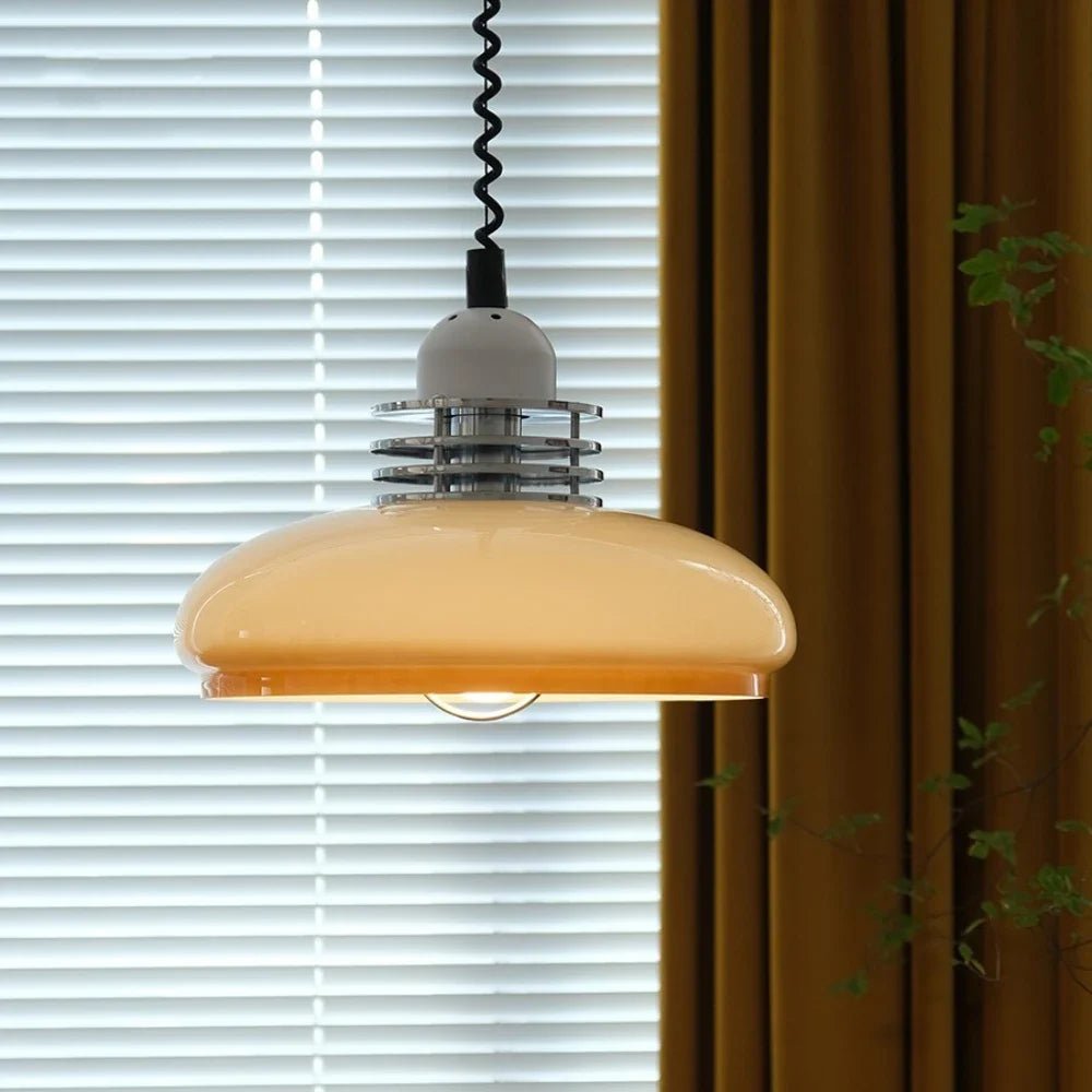 Bauhaus Glass Pendant Lamp | Round Orange Shade | G9 Ceiling Light | Adjustable Hanging | Modern Decorative Lighting