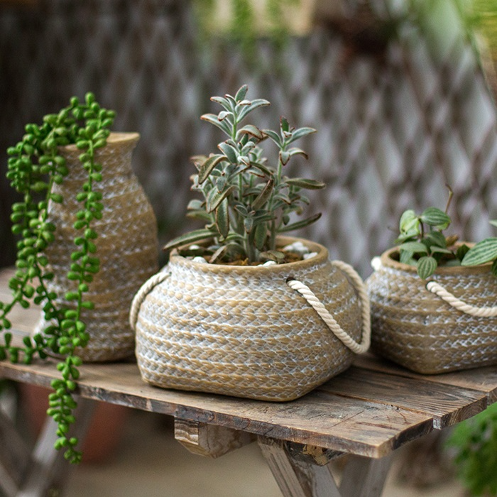 Rustic Ceramic Plant Pot Terrana Jute | Hemp Bag Design with Rope Handles | Indoor Outdoor Decorative Accent | Garden Living Room