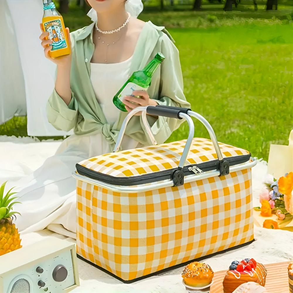 Checked Picnic Basket 22L Insulated | Foldable Oxford Fabric | Aluminum Frame 25kg Load | Zipper Closure for Picnic Beach Camping