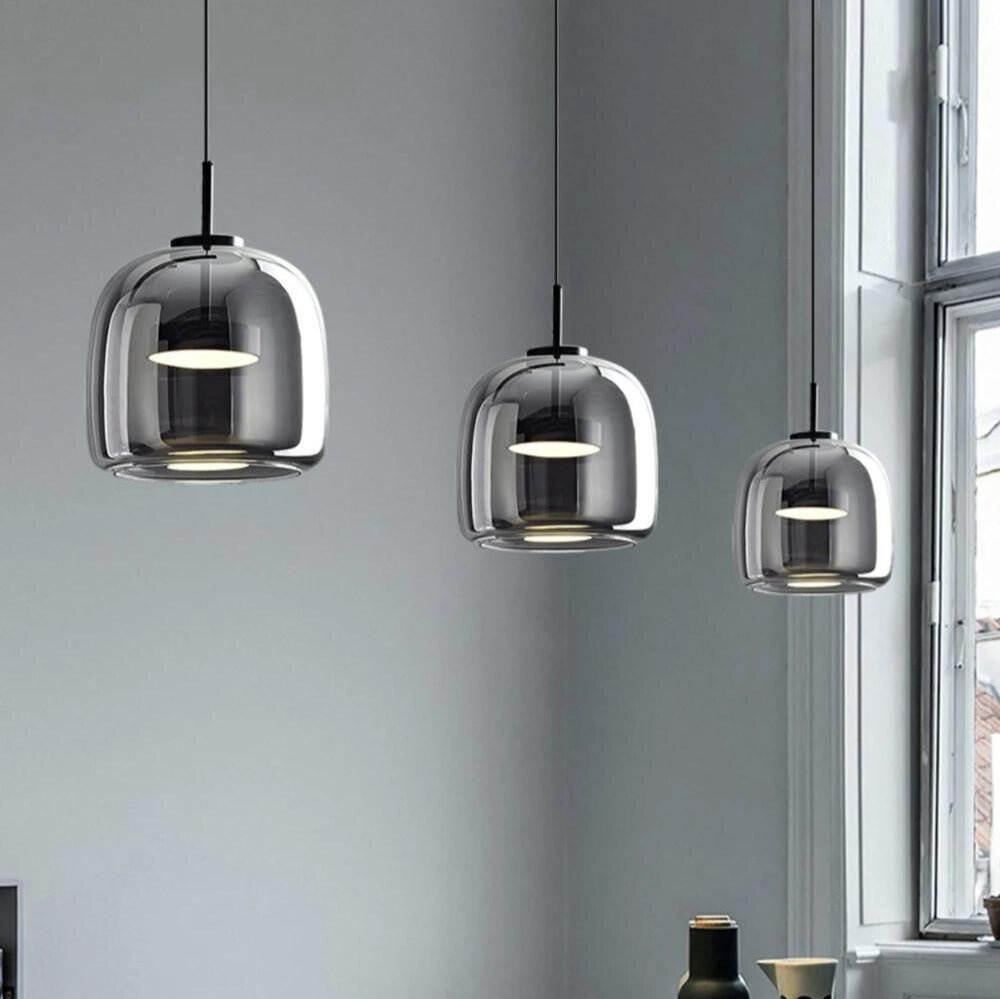 Scandinavian Black Glass Pendant Light for Kitchen Island & Bedside | Modern Minimalist Hanging Lamp | E27 Socket | 16x18cm