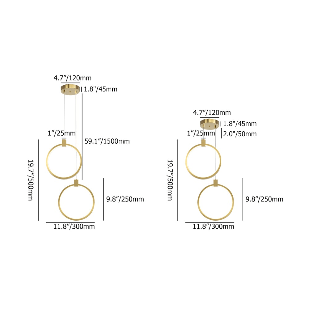 2-Light Circle Pendant Lamp | Gold Brass Finish | Modern LED Ceiling Light | Dining Living Room Entryway