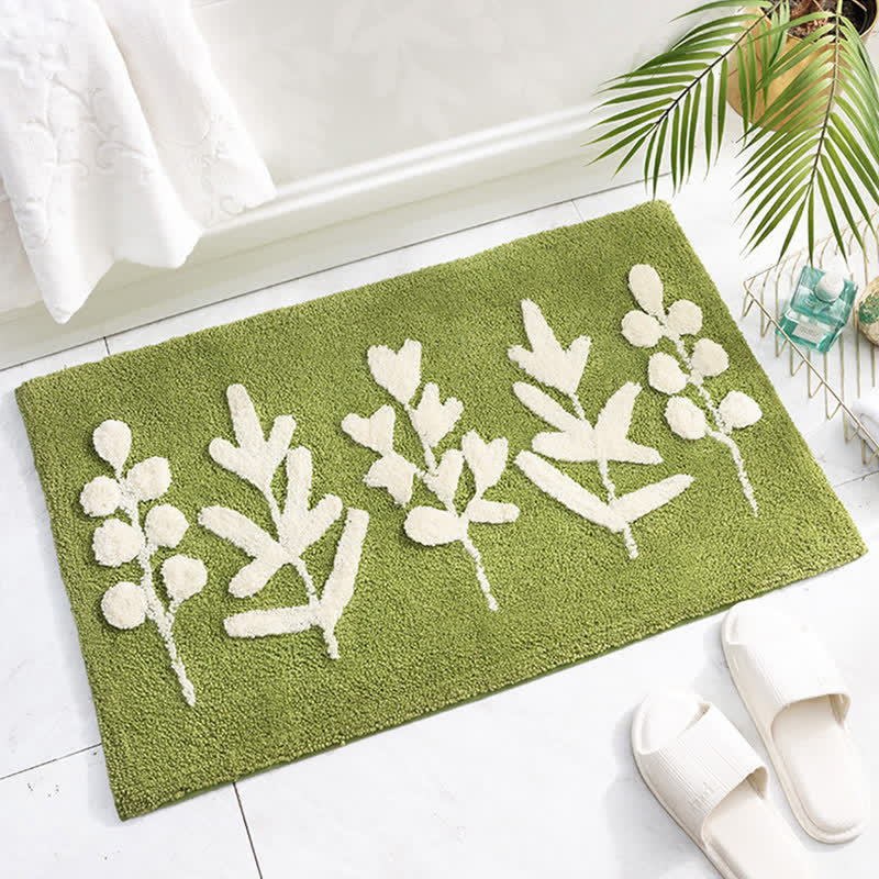 Green Leaf Print Non-Slip Bath Rug for Bathroom & Entryway | Soft Absorbent Floor Mat | Polyester Home Rug