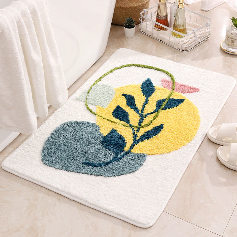 Rural Leaf & Geometric Non-Slip Bath Mat | Ultra Soft Microfiber Absorbent Bathroom Rug | Polyester Floor Mat 40x60 / 50x80cm