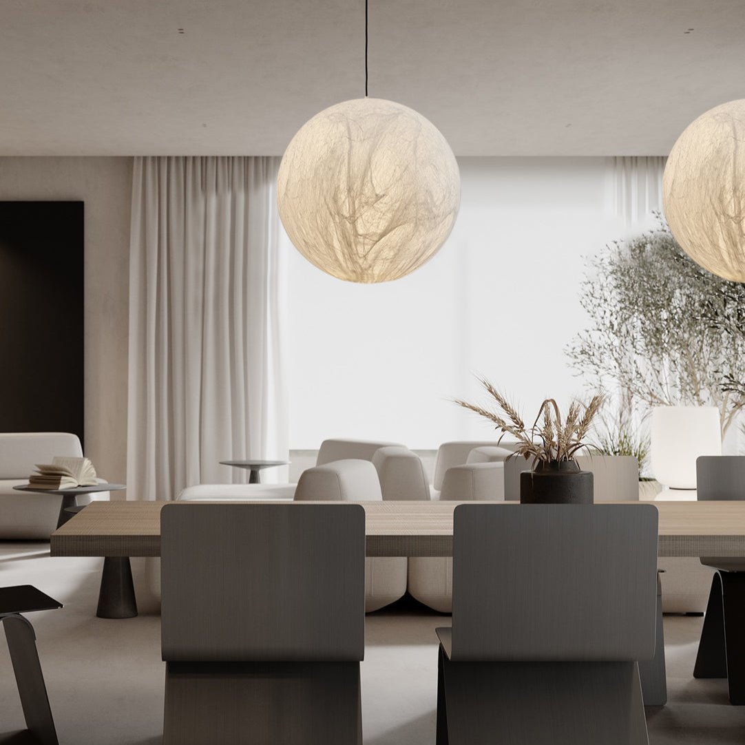 Moon Silk Pendant Lamp E26/E27 | Modern Silk & Acrylic Hanging Light | Adjustable Ceiling Fixture for Bedroom & Dining Room