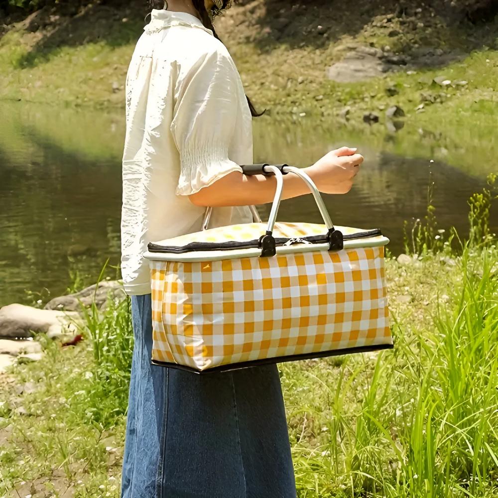 Checked Picnic Basket 22L Insulated | Foldable Oxford Fabric | Aluminum Frame 25kg Load | Zipper Closure for Picnic Beach Camping