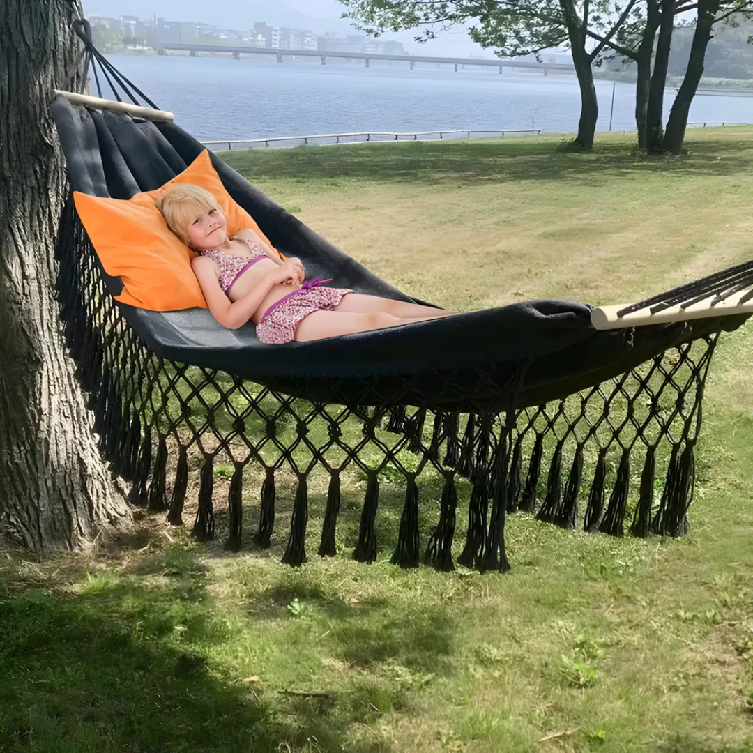 Boho Cotton Hammock with Wooden Spreader Bars for Garden & Balcony | Stable Design | 200 kg Capacity | Indoor Outdoor Relaxation