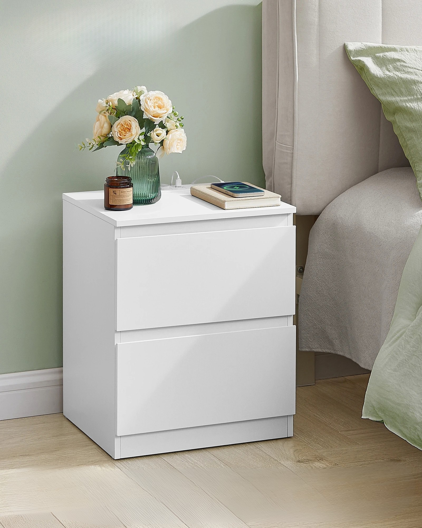Sereva Nightstand Set of 2 with Outlets & USB Ports | Modern Bedside Tables with Charging Station | 2 Drawer Storage Cabinets