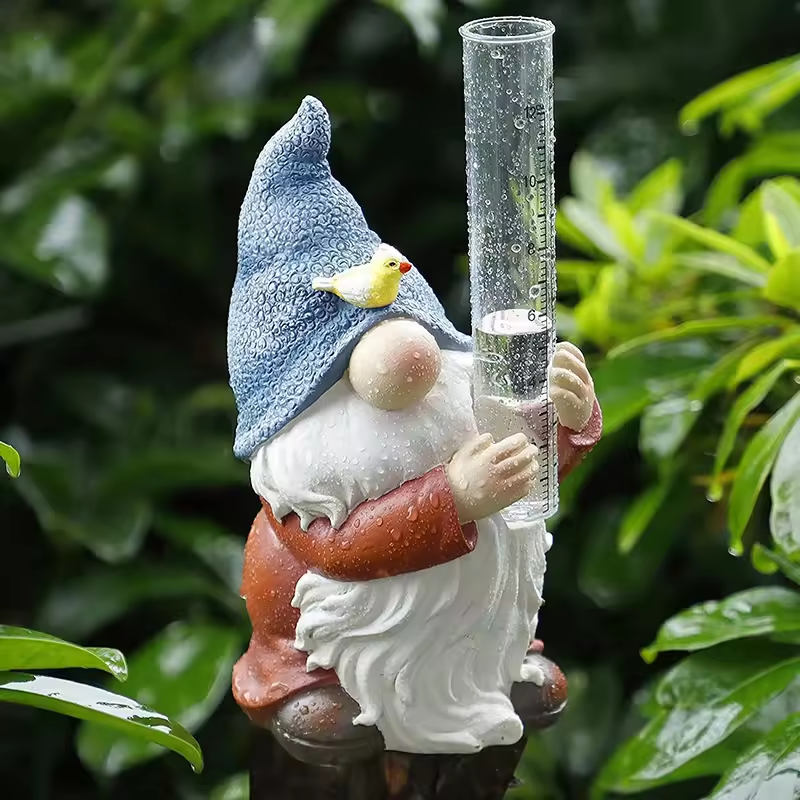 Garden Gnome with Rain Gauge for Garden & Lawn | Weatherproof Resin Garden Decor | Decorative Rain Measurement Figurine