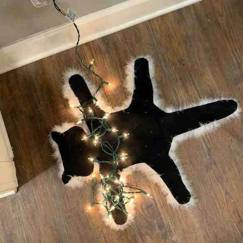 Holiday Cat Decorative Fur Trimmed Rug | Christmas Movie-Inspired Novelty Floor Decor with Optional Lights | Handmade Felt & Faux Fur Accent Rug