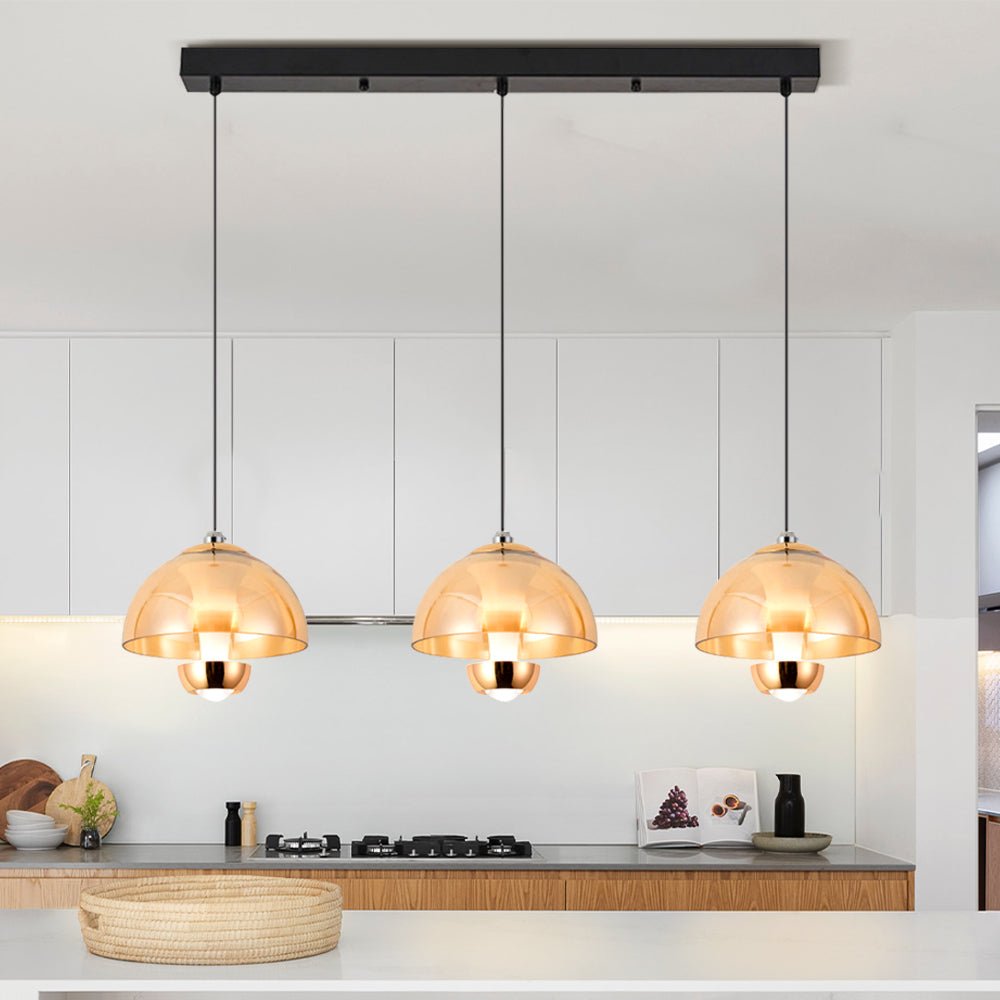 3-Light Nordic Kitchen Pendant | Amber Glass Shades | Adjustable LED Ceiling Light | Modern Dining & Kitchen