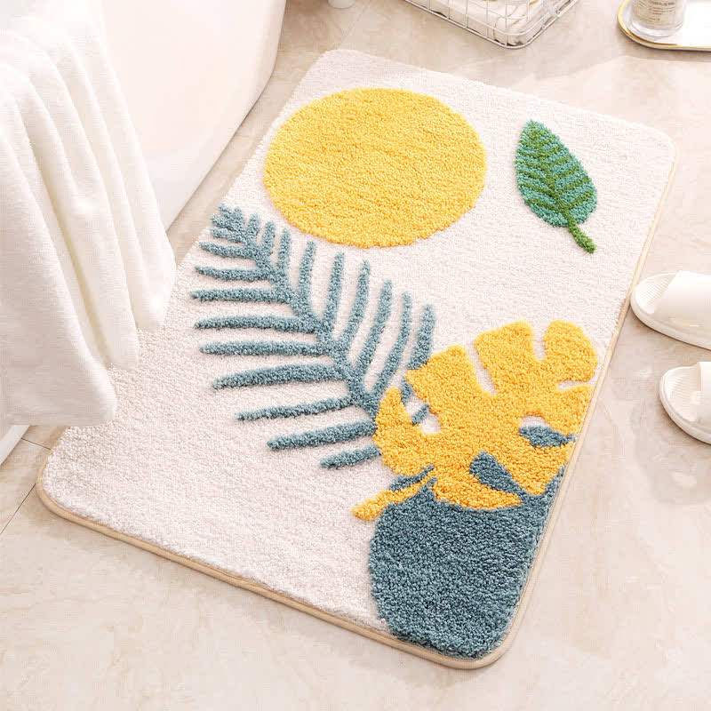 Rural Leaf & Geometric Non-Slip Bath Mat | Ultra Soft Microfiber Absorbent Bathroom Rug | Polyester Floor Mat 40x60 / 50x80cm