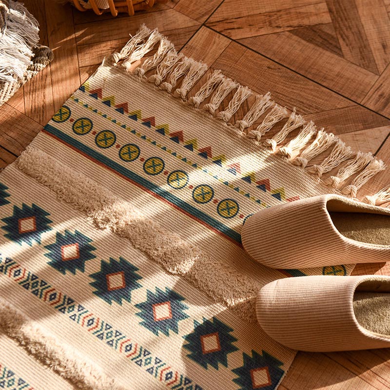 Bohemian Cotton Linen Tassel Entryway Rug | Woven Absorbent Door Mat 60x90cm | Decorative Anti-Slip Floor Rug for Home & Porch